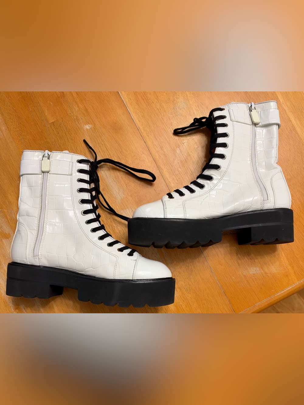 Stuart Weitzman White Croc-Embossed Lace-Up/Side Zipper Combat Boots, Size 6.5.